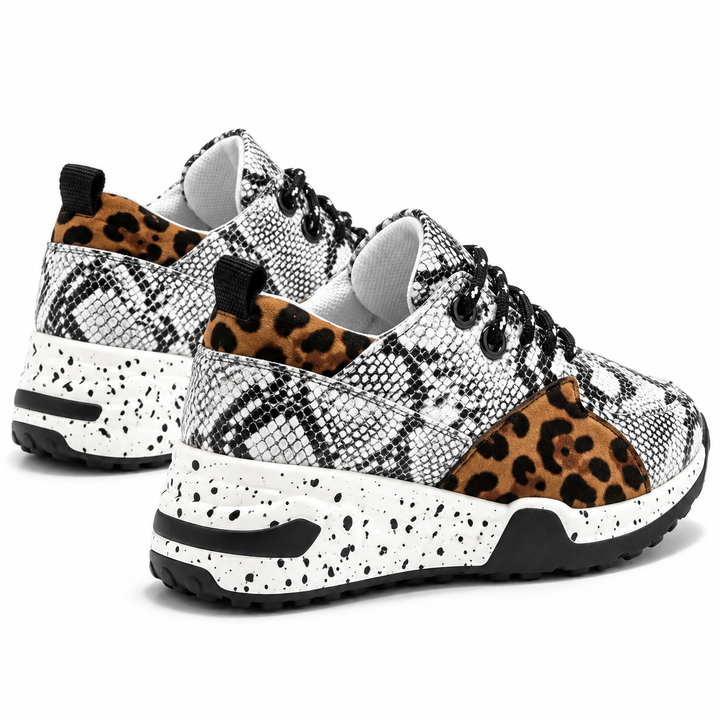 White snake print sneakers with leopard side panels