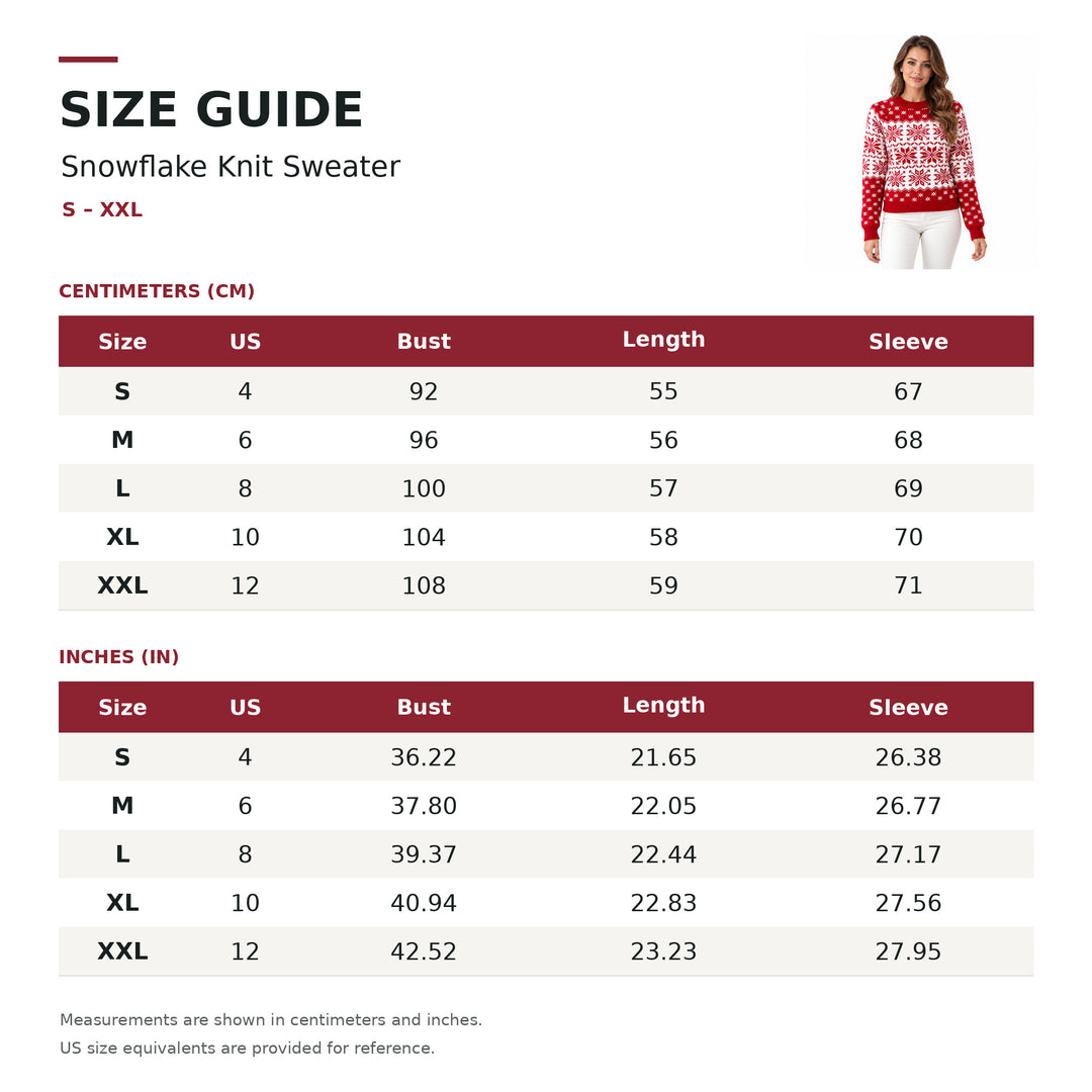 Snowflake knit sweater size guide for S to XXL, with US sizes and bust, length and sleeve in cm and inches