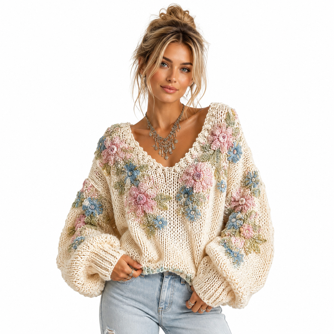 Women's V neck floral knit sweater on model with white studio background