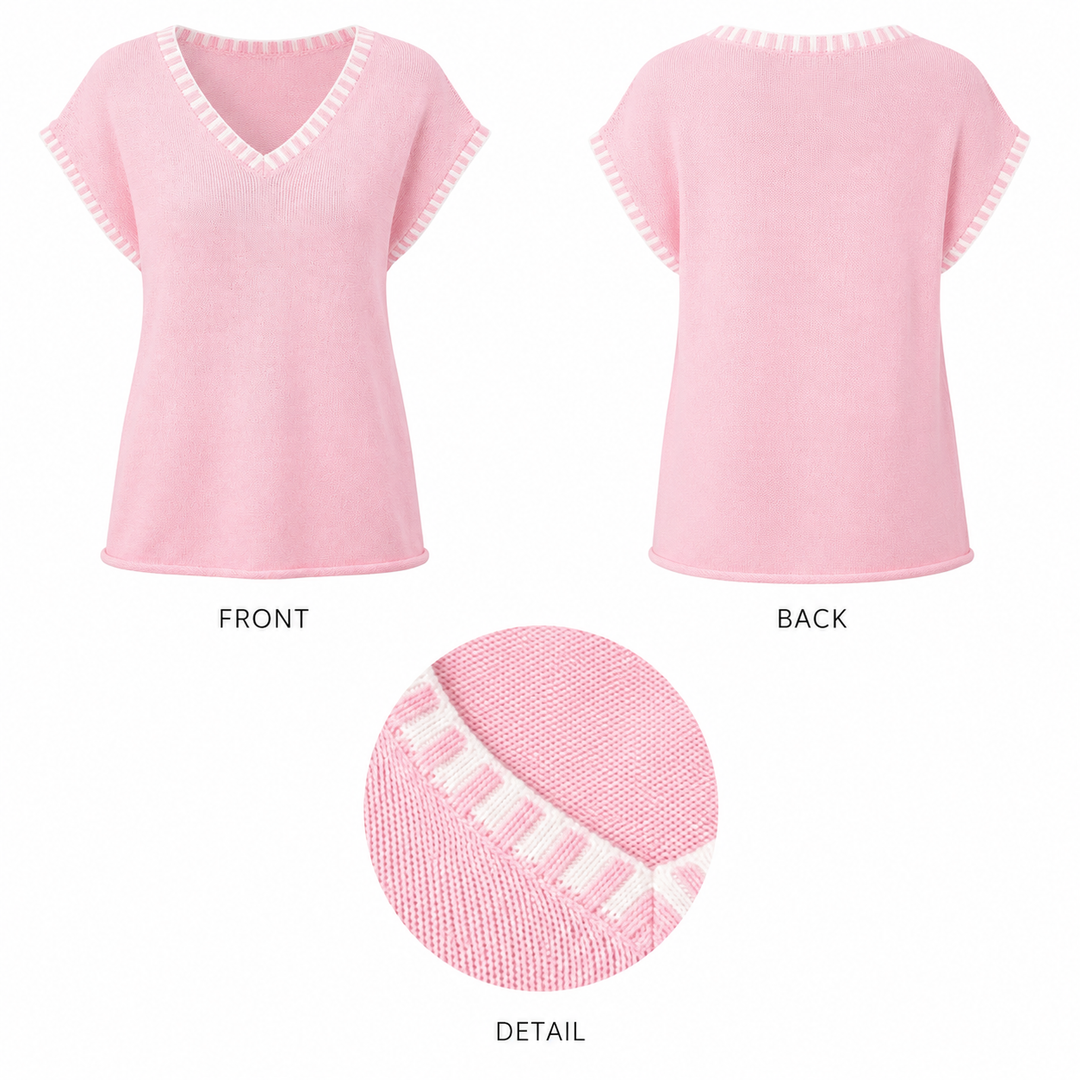 Blush pink knit top overview with front, back and detail views, showing V-neck shape, short sleeves and contrast trim.