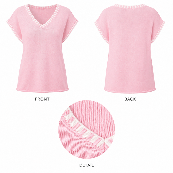 Blush pink knit top overview with front, back and detail views, showing V-neck shape, short sleeves and contrast trim.