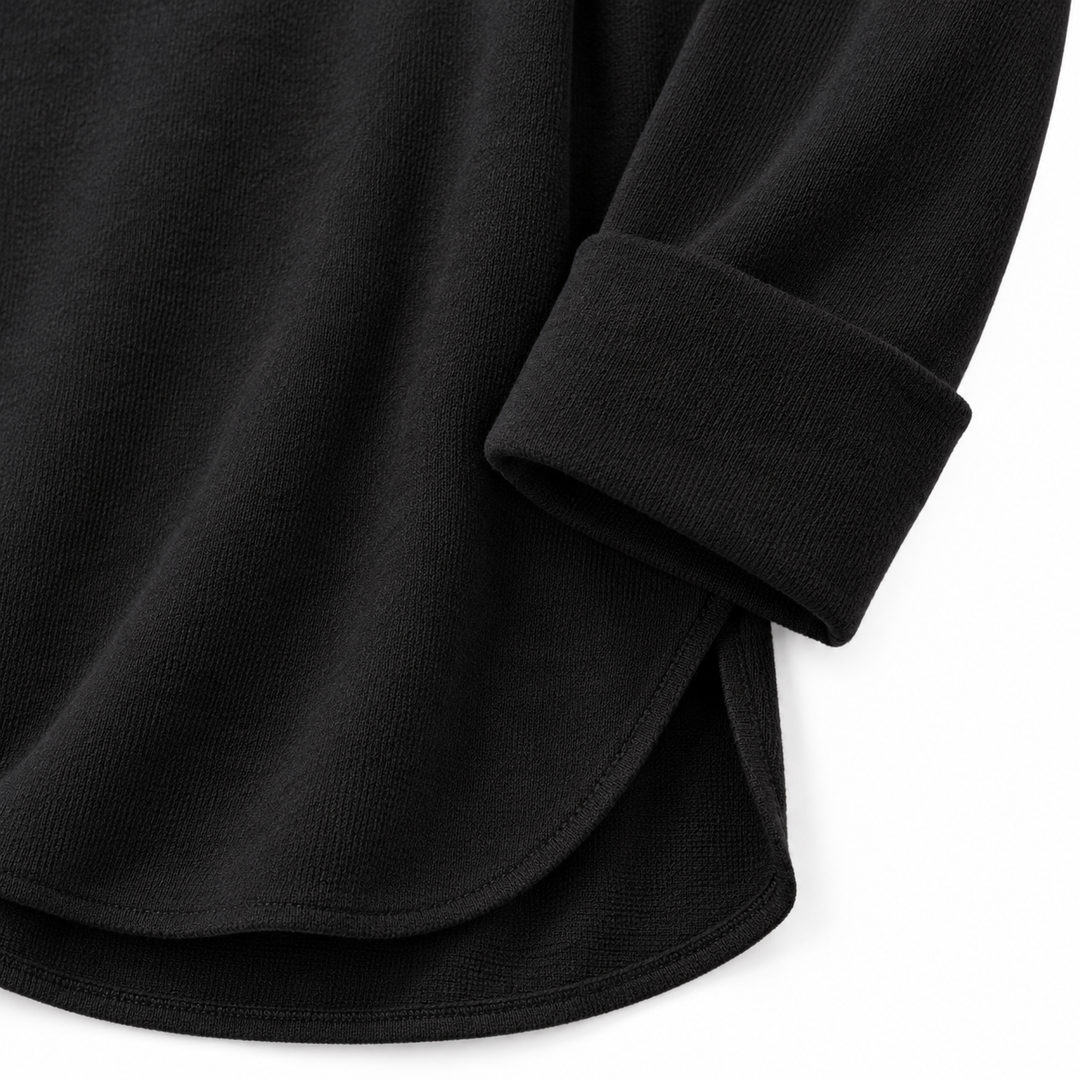 Close product view of the Black long sleeve top showing the cuff, hem and visible surface texture on a clean white background
