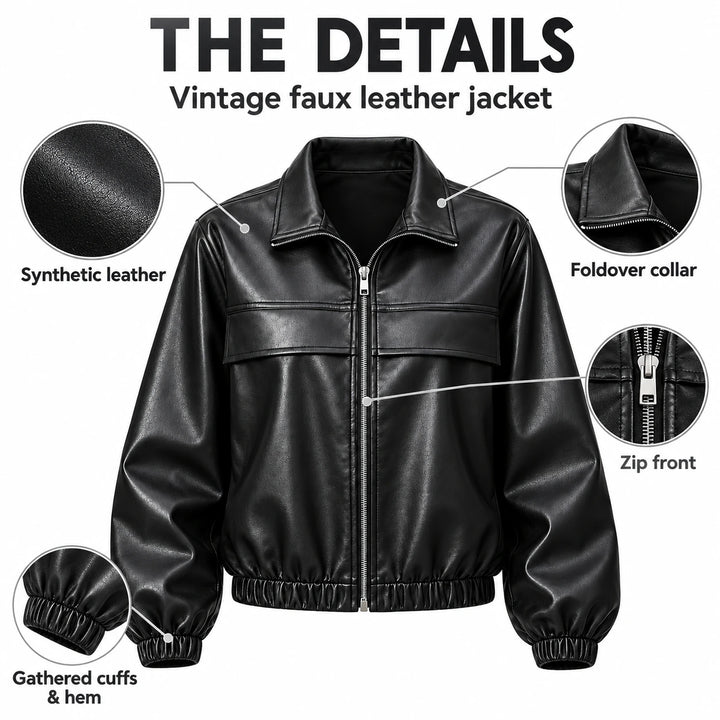 Black faux leather jacket infographic showing the collar, zip front, synthetic leather and gathered cuffs and hem.