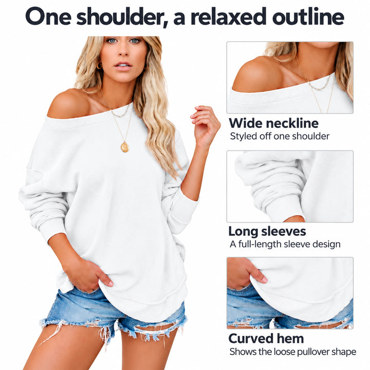 White off-shoulder pullover infographic showing the wide neckline, long sleeves and curved hem.