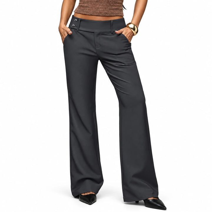 Wide-Leg Dress Pants in the Dark Gray option on a model against a white background