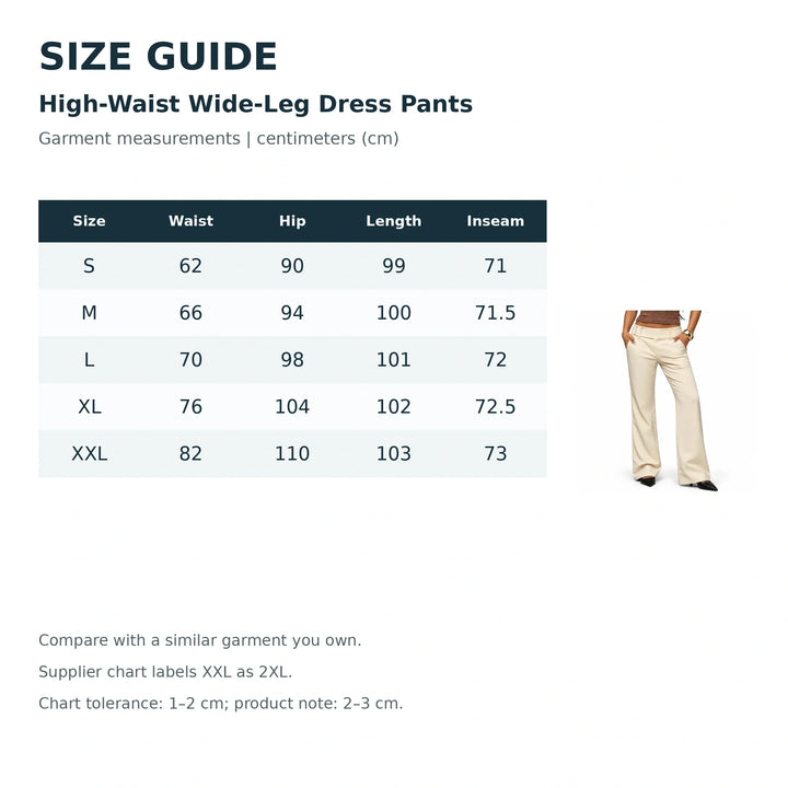 High-Waist Wide-Leg Dress Pants size guide with product reference; garment measurements | centimeters (cm).