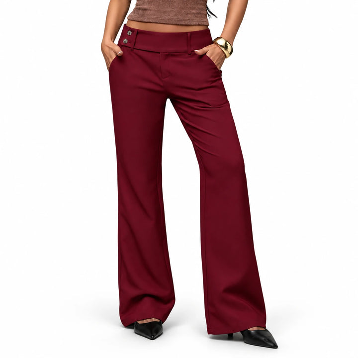 Wide-Leg Dress Pants in the Wine Red option on a model against a white background