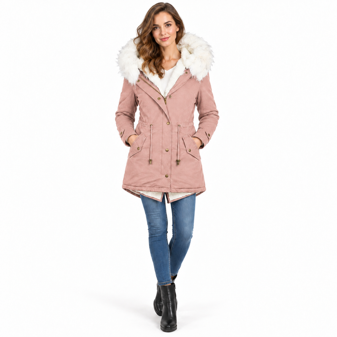 Pink winter parka on model with fur hood, front zipper and waist drawstring