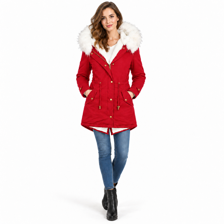 Red winter parka on model with fur hood, front zipper, buttons and waist drawstring