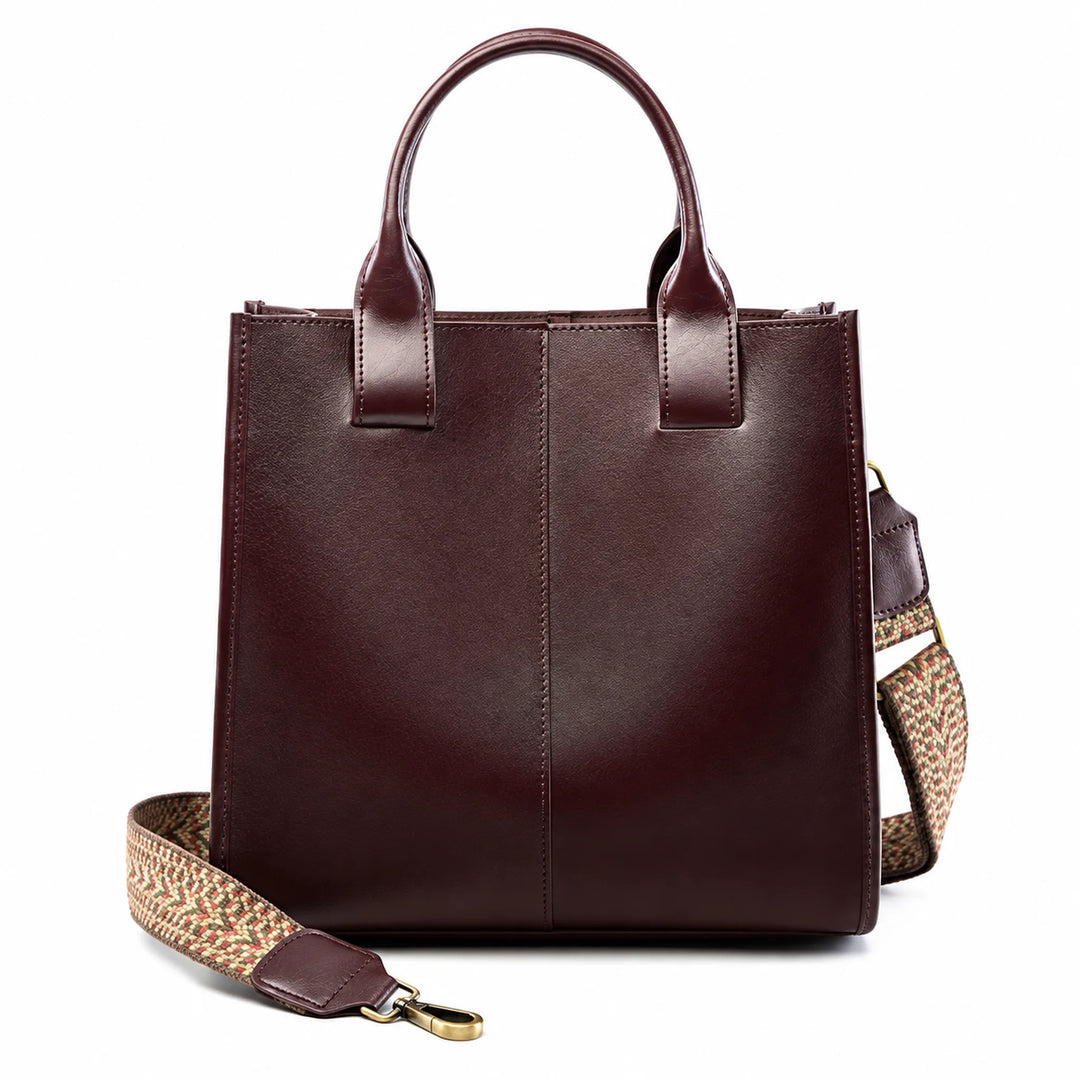 ZENCY Coffee shoulder bag, verified rear view with short handles and patterned strap