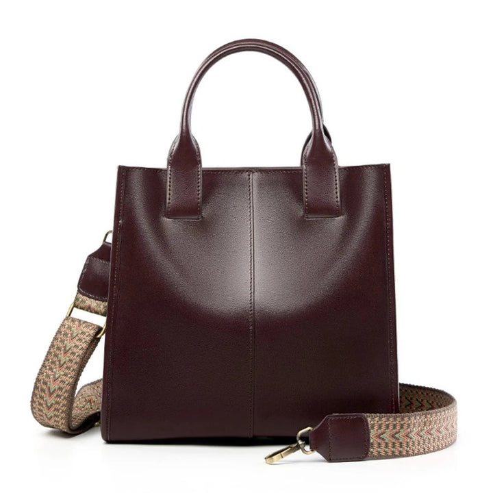Coffee ZENCY shoulder bag with short handles and patterned strap, front view