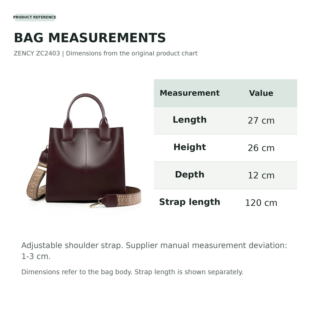 ZENCY ZC2403 shoulder bag dimensions, 27 by 26 by 12 cm, with source measurement tolerance