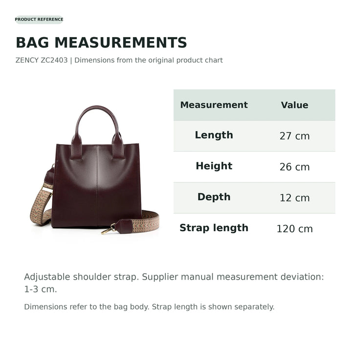 ZENCY ZC2403 shoulder bag dimensions, 27 by 26 by 12 cm, with source measurement tolerance