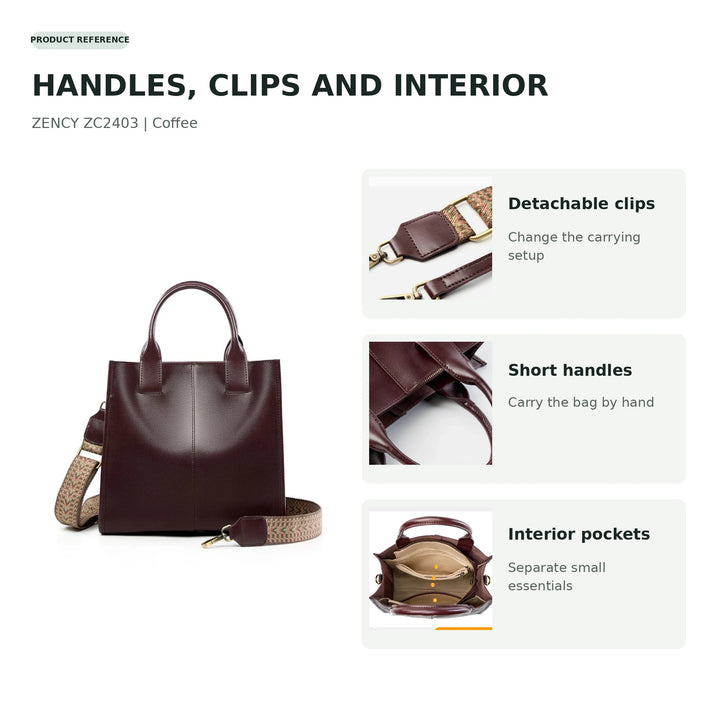 ZENCY shoulder bag with close-ups of its strap clips, handles and interior