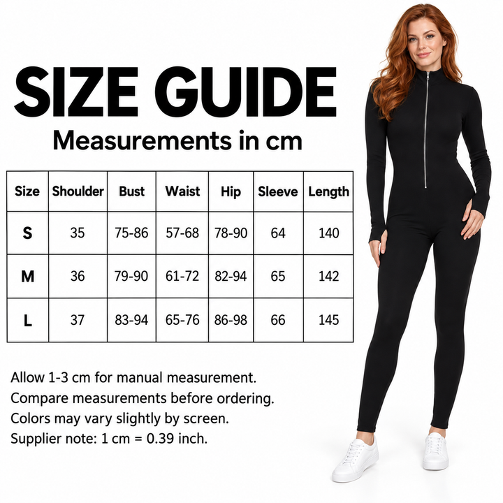 English size guide with S, M and L measurements in cm beside a red-haired adult model wearing the black long-sleeve jumpsuit.